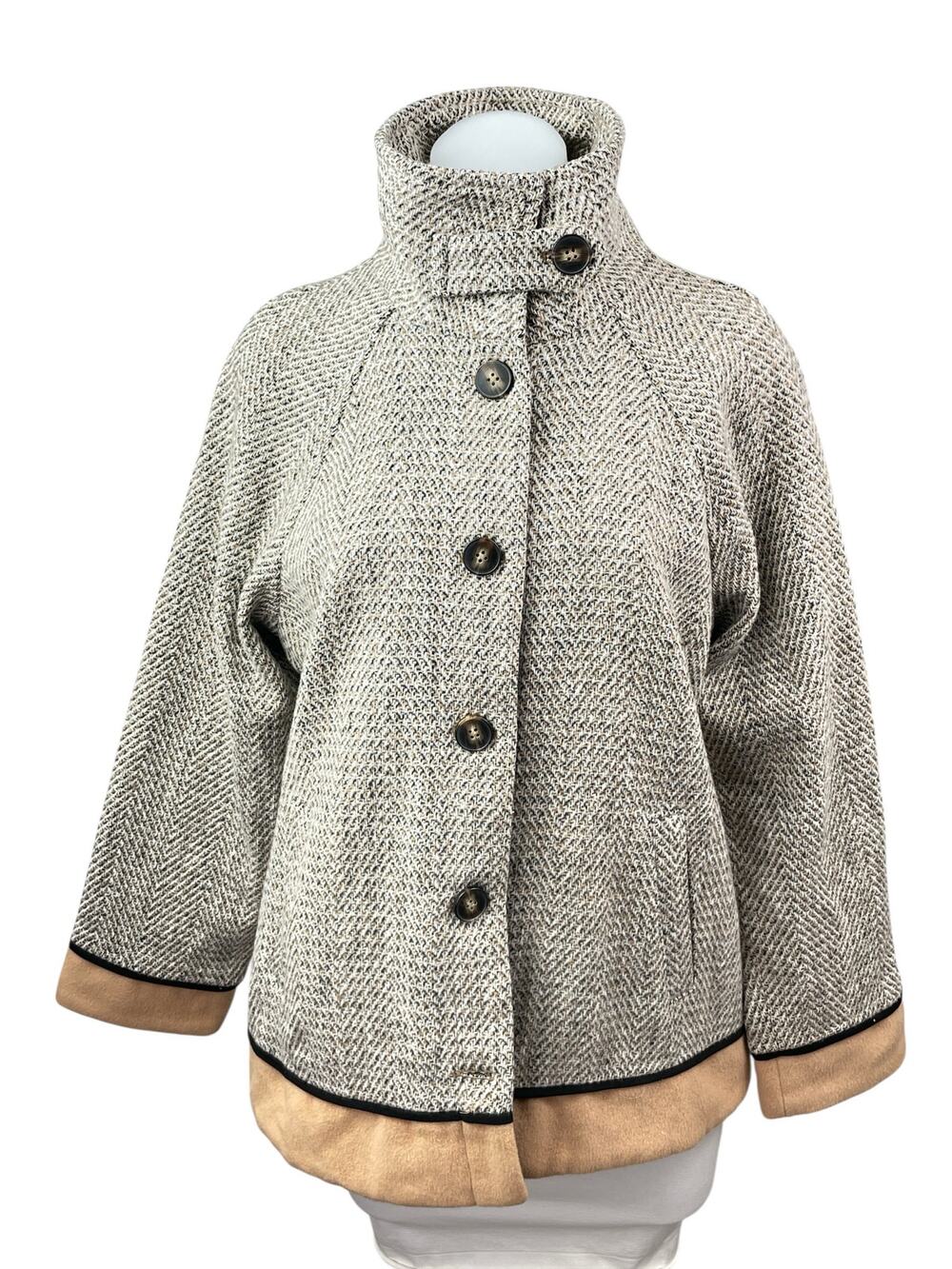 Skies Are Blue Women's Gray Herringbone Long Sleeve Button Up Coat Jacket Size L